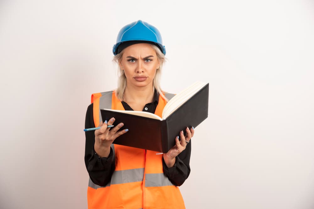 femme en tenue de travail qui ne comprend pas le livret d'accueil sécurtité